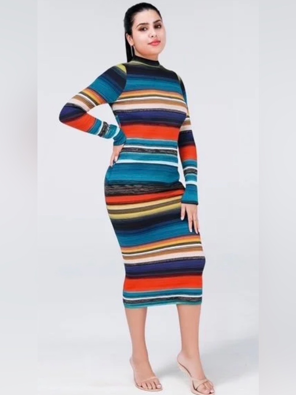 Striped Long Sleeve Bodycon Dress in Teal and Red